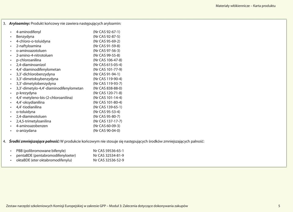 -dichlorobenzydyna (Nr CAS 91-94-1) 3,3 -dimetoksybenzydyna (Nr CAS 119-90-4) 3,3 -dimetylobenzydyna (Nr CAS 119-93-7) 3,3 -dimetylo-4,4 -diaminodifenylometan (Nr CAS 838-88-0) p-krezydyna (Nr CAS