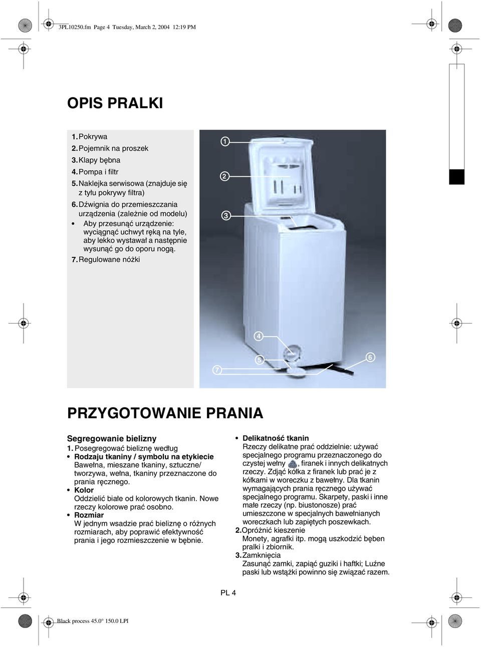 Regulowane nóżki 1 2 3 4 7 5 6 PRZYGOTOWANIE PRANIA Segregowanie bielizny 1.