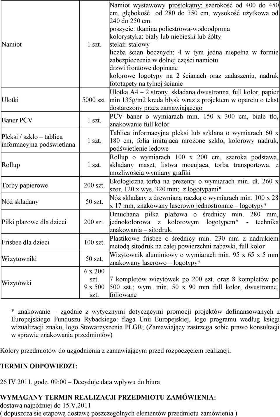 poszycie: tkanina poliestrowa-wodoodporna kolorystyka: biały lub niebieski lub żółty stelaż: stalowy liczba ścian bocznych: 4 w tym jedna niepełna w formie zabezpieczenia w dolnej części namiotu