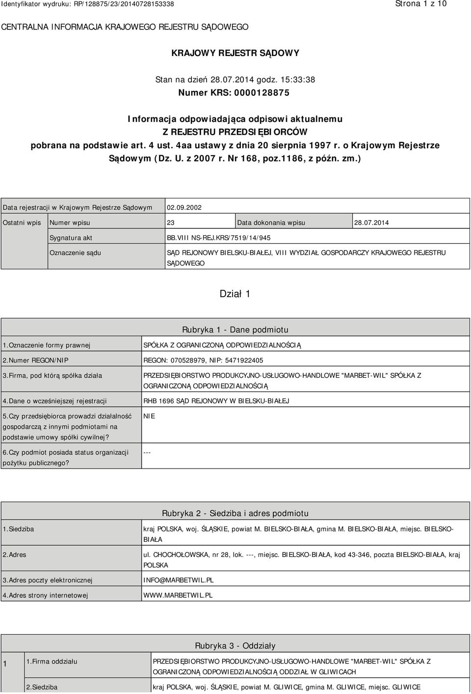 o Krajowym Rejestrze Sądowym (Dz. U. z 2007 r. Nr 168, poz.1186, z późn. zm.) Data rejestracji w Krajowym Rejestrze Sądowym 02.09.2002 Ostatni wpis Numer wpisu 23 Data dokonania wpisu 28.07.2014 Sygnatura akt Oznaczenie sądu BB.