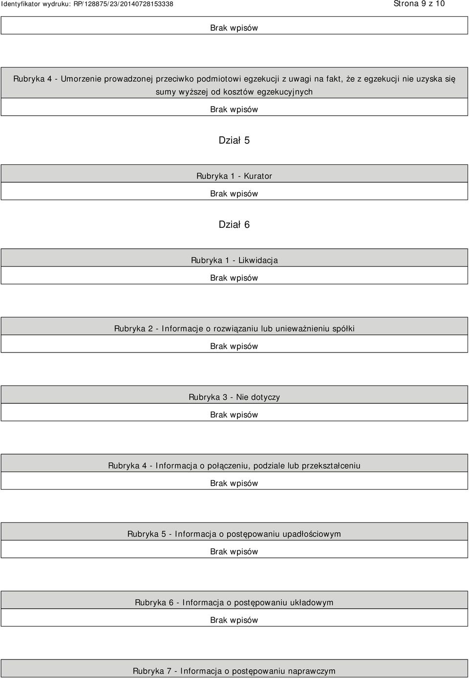 lub unieważnieniu spółki Rubryka 3 - Nie dotyczy Rubryka 4 - Informacja o połączeniu, podziale lub przekształceniu Rubryka 5 -