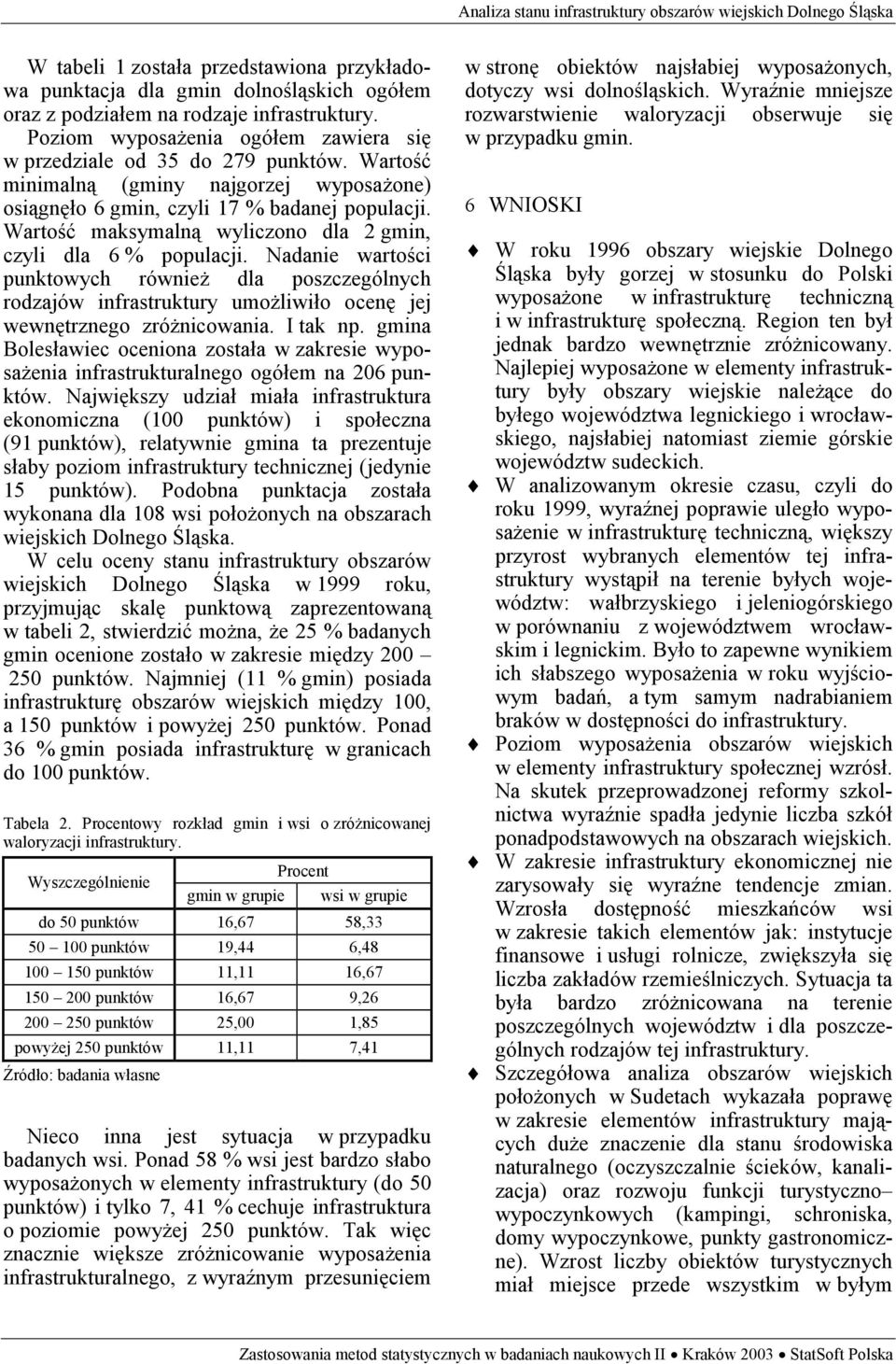 Wartość maksymalną wyliczono dla 2 gmin, czyli dla 6 % populacji. Nadanie wartości punktowych również dla poszczególnych rodzajów infrastruktury umożliwiło ocenę jej wewnętrznego zróżnicowania.