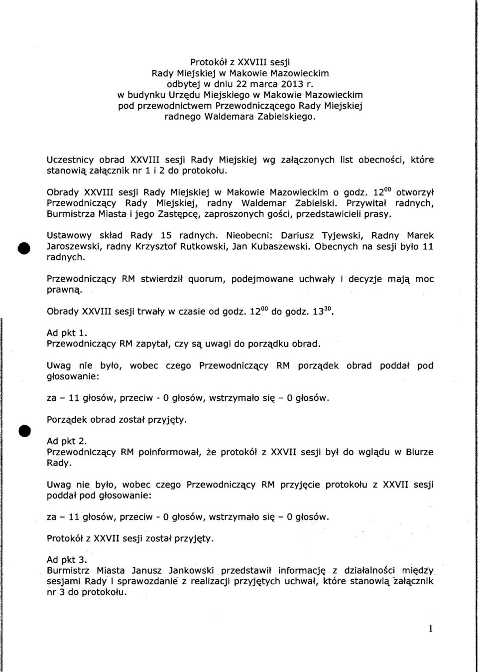 Uczestnicy obrad XXVIII sesji Rady Miejskiej wg zatqczonych list obecnosci, ktore stanowiq zatqcznik nr 1 i 2 do protokotu. Obrady XXVIII sesji Rady Miejskiej w Makowie Mazowieckim 0 godz.