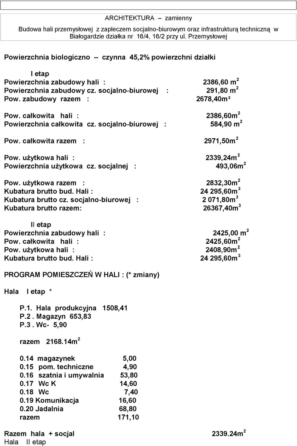 socjalnej : 493,06m 2 Pow. użytkowa razem : 2832,30m 2 Kubatura brutto bud. Hali : 24 295,60m 3 Kubatura brutto cz.