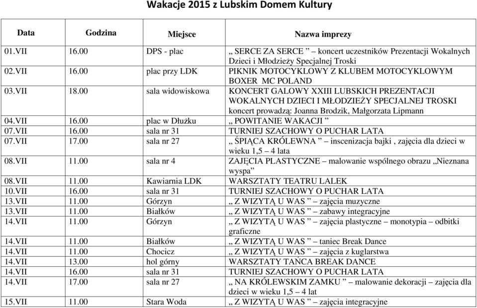 00 plac w Dłużku POWITANIE WAKACJI 07.VII 16.00 sala nr 31 TURNIEJ SZACHOWY O PUCHAR LATA 07.VII 17.00 sala nr 27 ŚPIĄCA KRÓLEWNA inscenizacja bajki, zajęcia dla dzieci w wieku 1,5 4 lata 08.VII 11.