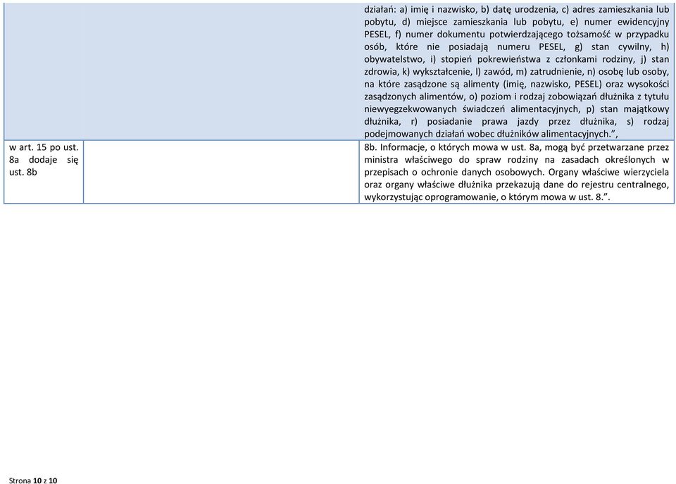 przypadku osób, które nie posiadają numeru PESEL, g) stan cywilny, h) obywatelstwo, i) stopień pokrewieństwa z członkami rodziny, j) stan zdrowia, k) wykształcenie, l) zawód, m) zatrudnienie, n)