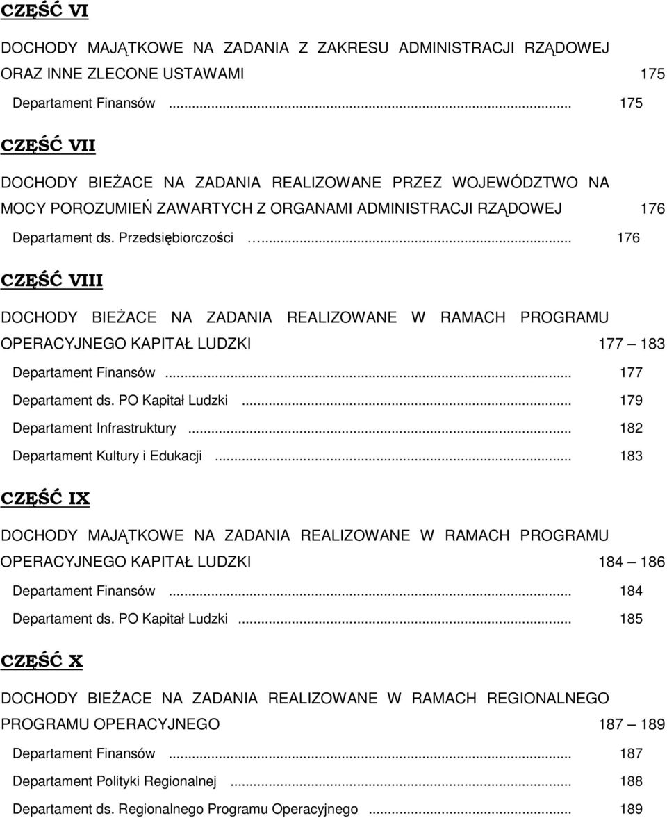 .. 176 CZĘŚĆ VIII DOCHODY BIEśACE NA ZADANIA REALIZOWANE W RAMACH PROGRAMU OPERACYJNEGO KAPITAŁ LUDZKI 177 183 Departament Finansów... 177 Departament ds. PO Kapitał Ludzki.