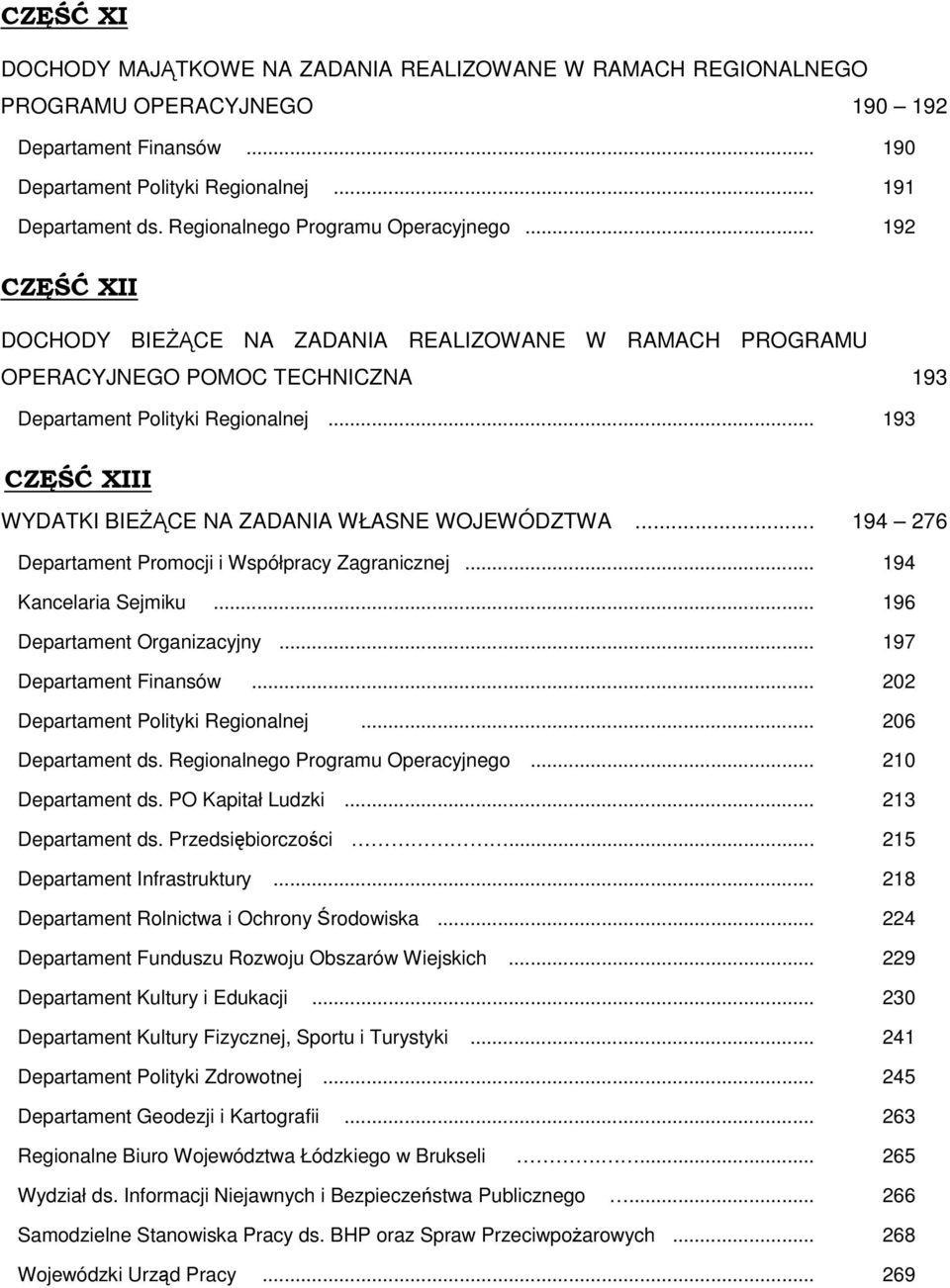 .. 193 CZĘŚĆ XIII WYDATKI BIEśĄCE NA ZADANIA WŁASNE WOJEWÓDZTWA... 194 276 Departament Promocji i Współpracy Zagranicznej... 194 Kancelaria Sejmiku... 196 Departament Organizacyjny.