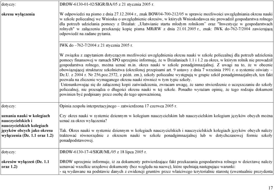 udzielania pomocy z Działań: Ułatwianie startu młodym rolnikom oraz "Inwestycje w gospodarstwach rolnych" w załączeniu przekazuję kopię pisma MRiRW z dnia 21.01.2005 r.