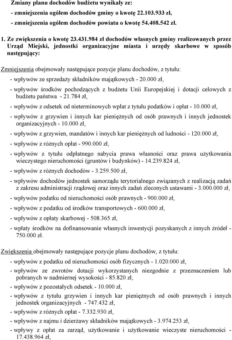 tytułu: - wpływów ze sprzedaży składników majątkowych - 20.000 zł, - wpływów środków pochodzących z budżetu Unii Europejskiej i dotacji celowych z budżetu państwa - 21.