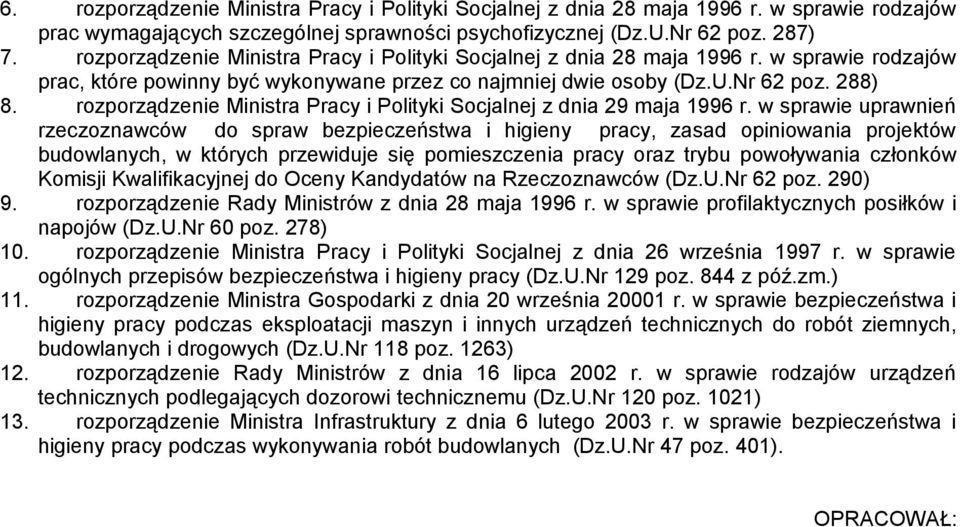 288) rozporządzenie Ministra Pracy i Polityki Socjalnej z dnia 29 maja 1996 r.