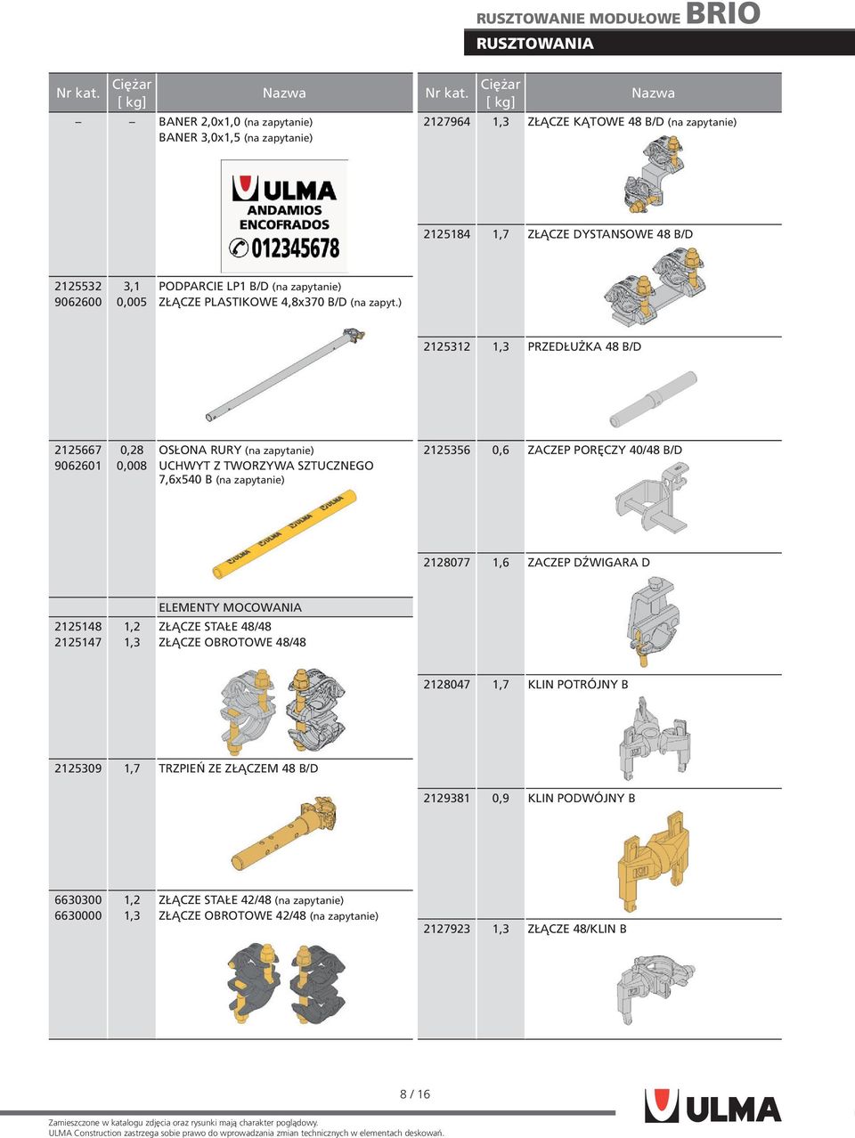 ) 2125312 1,3 PRZEDŁUŻKA 48 B/D 2125667 9062601 0,28 0,008 OSŁONA RURY (na zapytanie) UCHWYT Z TWORZYWA SZTUCZNEGO 7,6x540 B (na zapytanie) 2125356 0,6 ZACZEP PORĘCZY 40/48 B/D 2128077 1,6