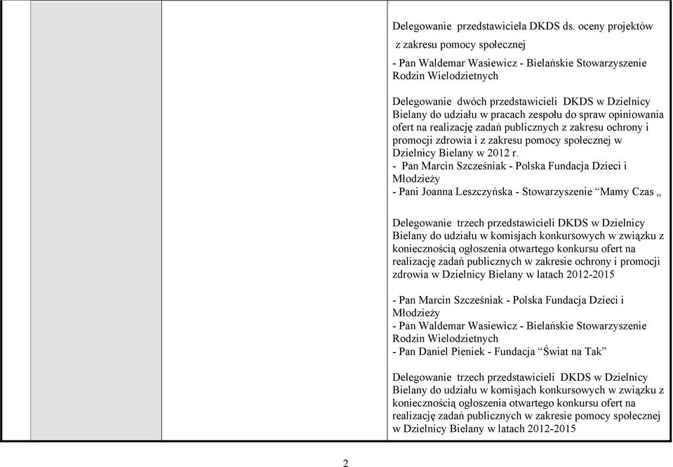 zespołu do spraw opiniowania ofert na realizację zadań publicznych z zakresu ochrony i promocji zdrowia i z zakresu pomocy społecznej w Dzielnicy Bielany w 2012 r.