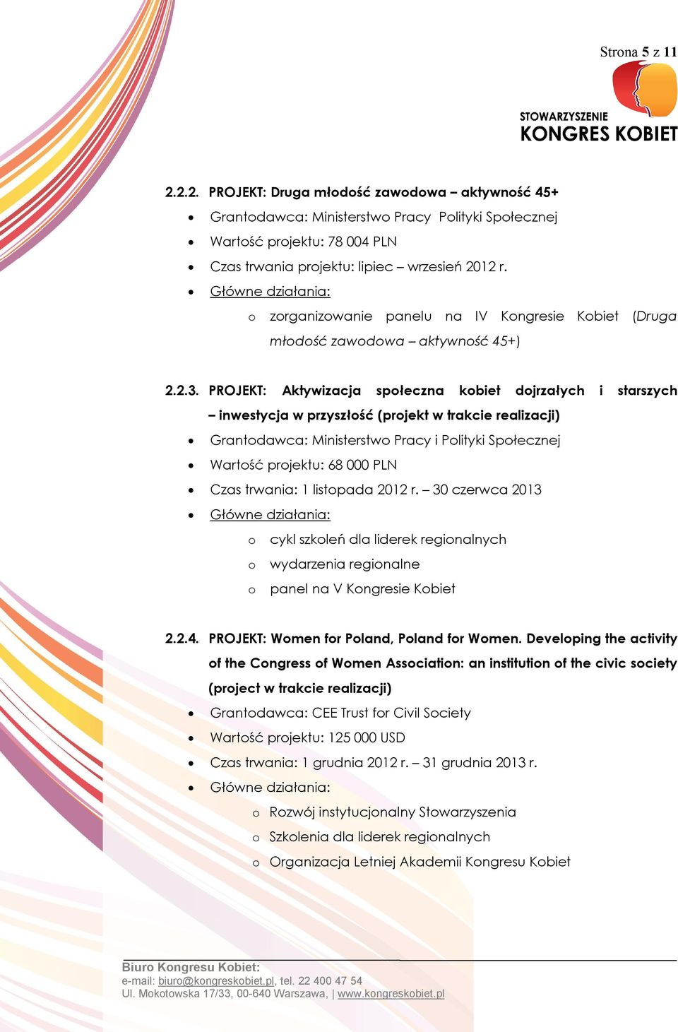 PROJEKT: Aktywizacja społeczna kobiet dojrzałych i starszych inwestycja w przyszłość (projekt w trakcie realizacji) Grantodawca: Ministerstwo Pracy i Polityki Społecznej Wartość projektu: 68 000 PLN