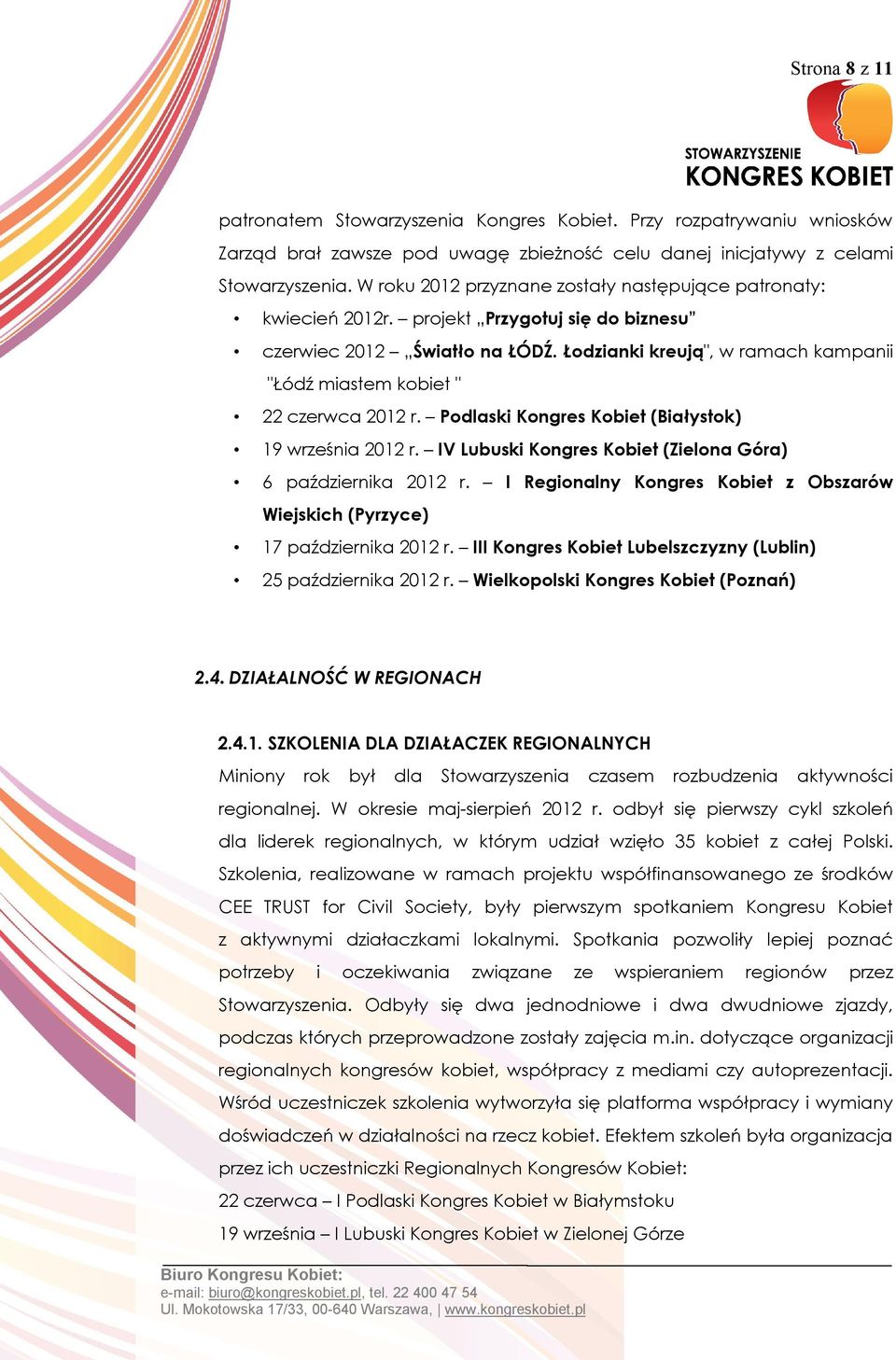 Łodzianki kreują", w ramach kampanii "Łódź miastem kobiet " 22 czerwca 2012 r. Podlaski Kongres Kobiet (Białystok) 19 września 2012 r. IV Lubuski Kongres Kobiet (Zielona Góra) 6 października 2012 r.