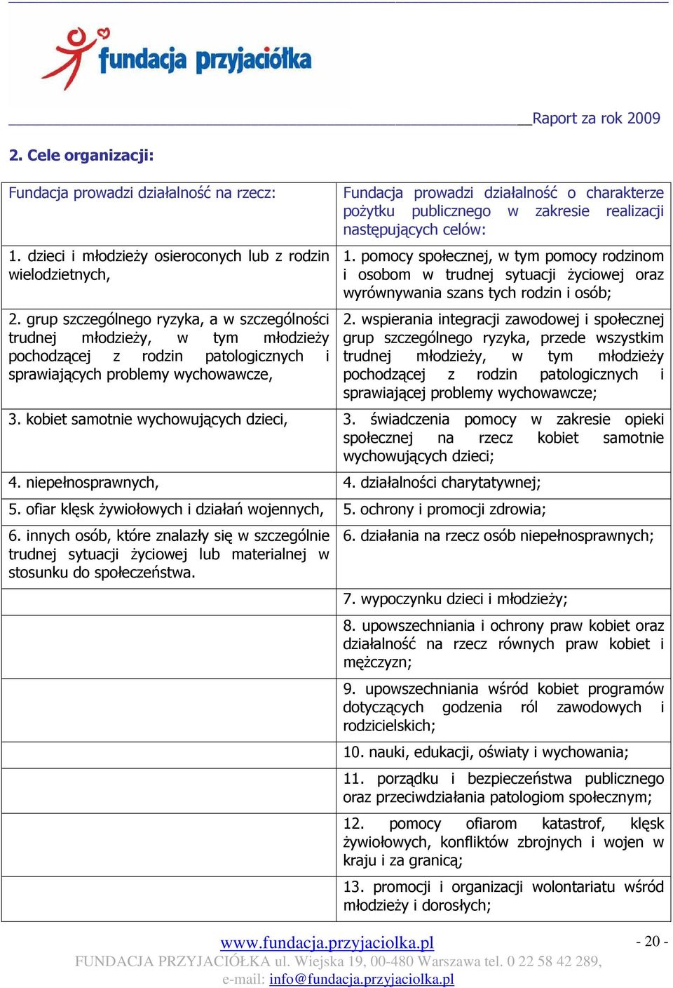 poŝytku publicznego w zakresie realizacji następujących celów: 1. pomocy społecznej, w tym pomocy rodzinom i osobom w trudnej sytuacji Ŝyciowej oraz wyrównywania szans tych rodzin i osób; 2.