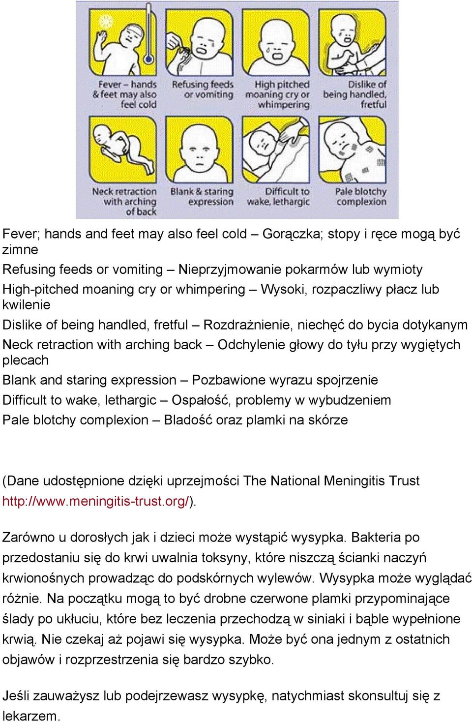 staring expression Pozbawione wyrazu spojrzenie Difficult to wake, lethargic Ospałość, problemy w wybudzeniem Pale blotchy complexion Bladość oraz plamki na skórze (Dane udostępnione dzięki