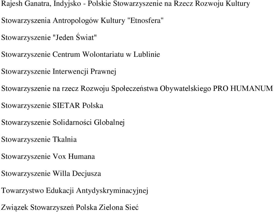 rzecz Rozwoju Społeczeństwa Obywatelskiego PRO HUMANUM Stowarzyszenie SIETAR Polska Stowarzyszenie Solidarności Globalnej