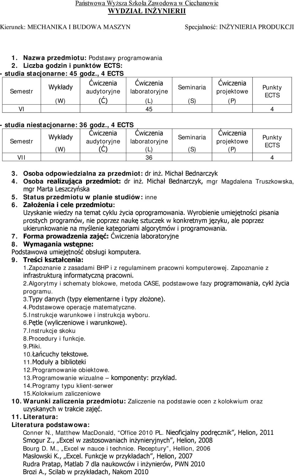 Michał Bednarczyk, mgr Magdalena Truszkowska, mgr Marta Leszczyńska 5. Status przedmiotu w planie studiów: inne 6. Założenia i cele przedmiotu: Uzyskanie wiedzy na temat cyklu życia oprogramowania.