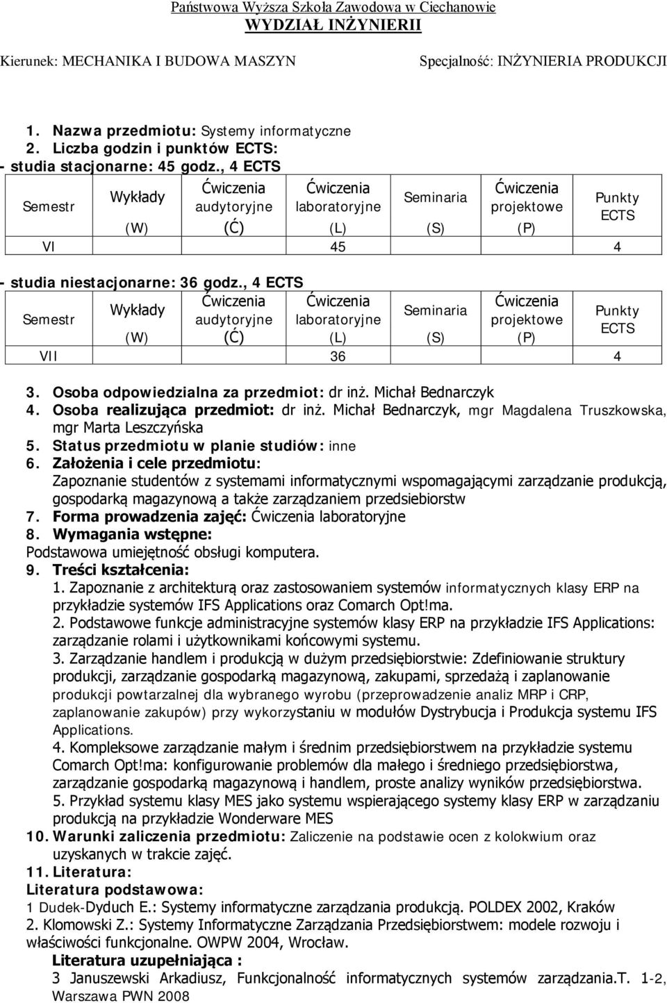 Michał Bednarczyk, mgr Magdalena Truszkowska, mgr Marta Leszczyńska 5. Status przedmiotu w planie studiów: inne 6.