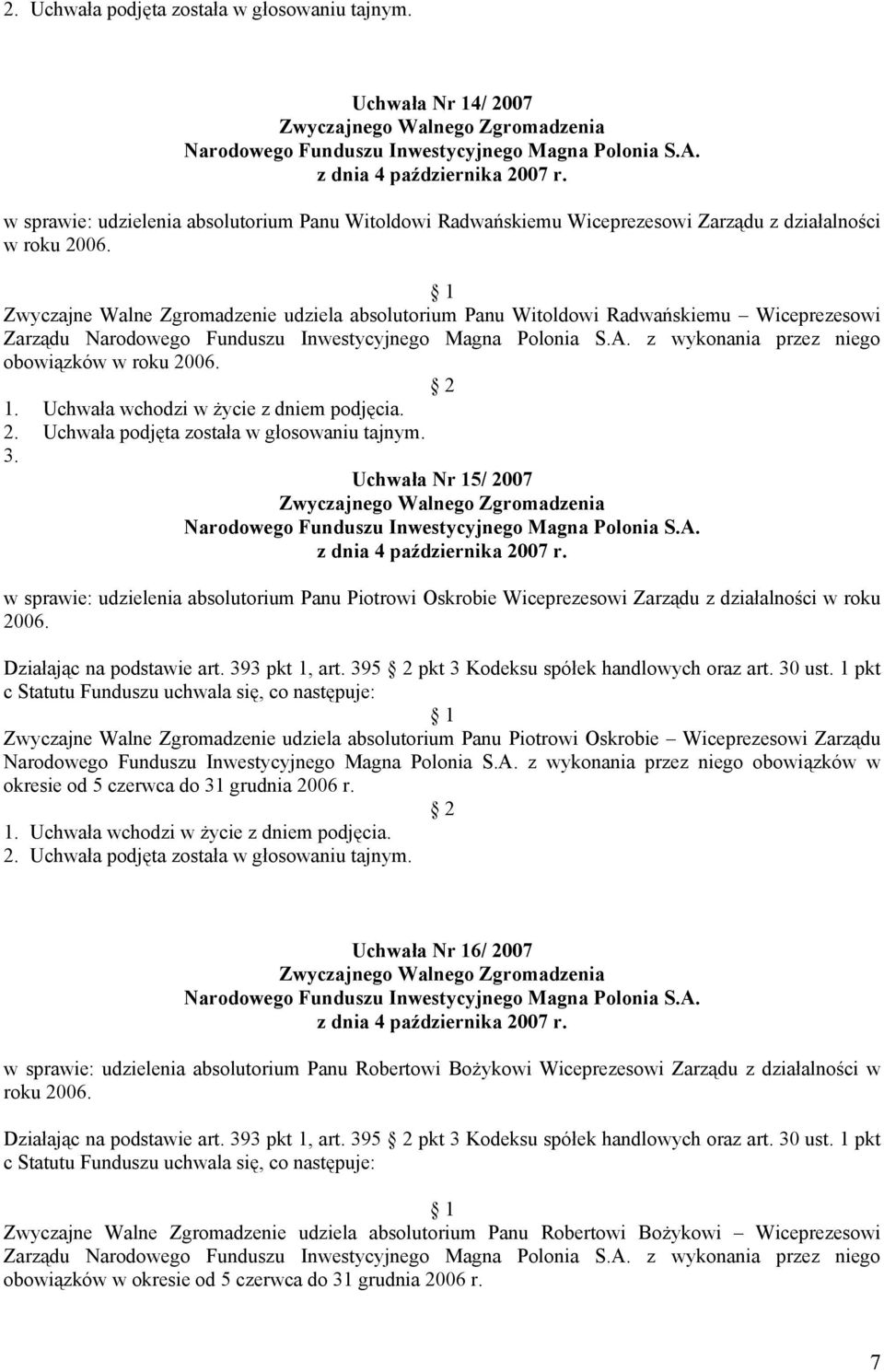 Uchwała Nr 15/ 2007 w sprawie: udzielenia absolutorium Panu Piotrowi Oskrobie Wiceprezesowi Zarządu z działalności w roku 2006. Działając na podstawie art. 393 pkt 1, art.