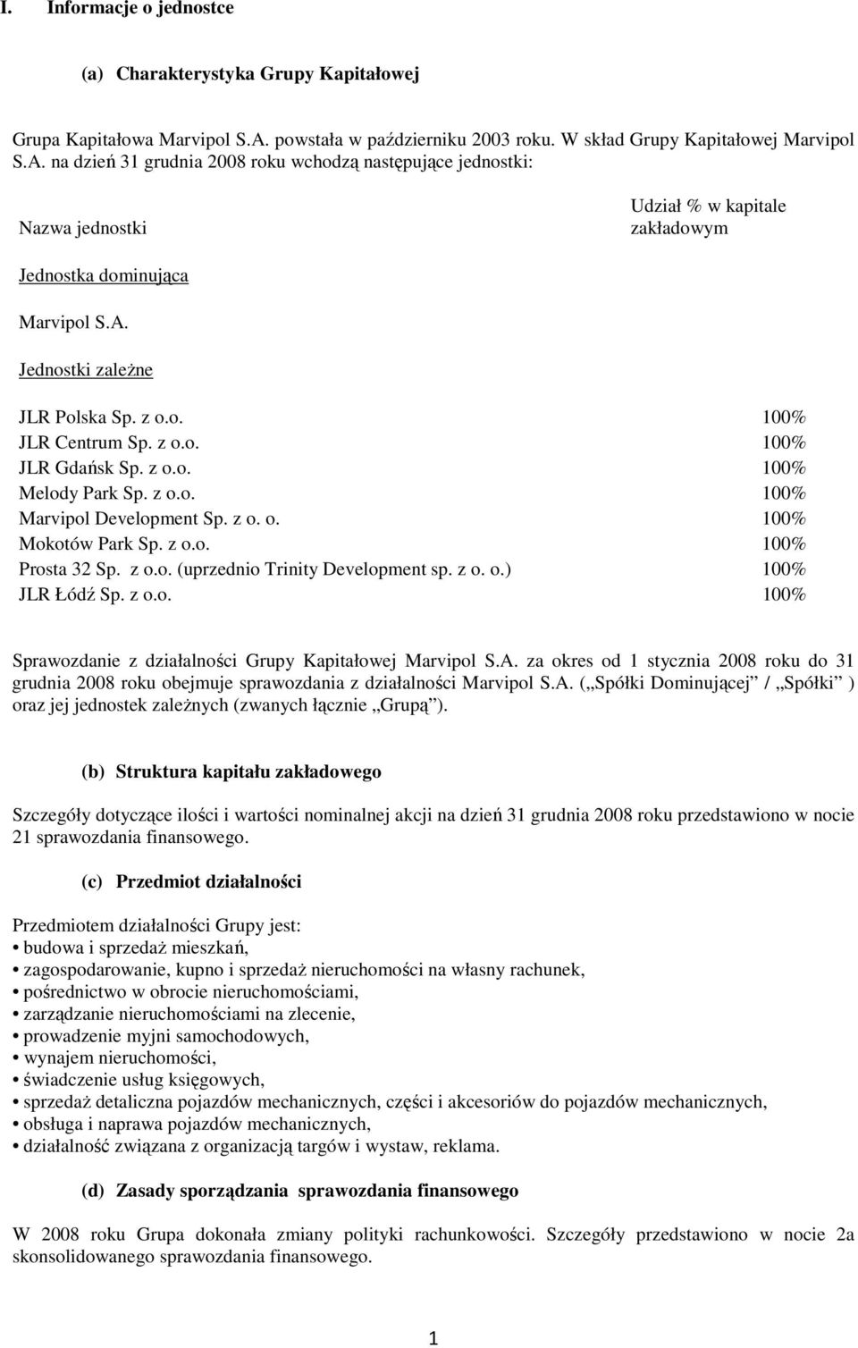 na dzień 31 grudnia 2008 roku wchodzą następujące jednostki: Nazwa jednostki Udział % w kapitale zakładowym Jednostka dominująca Marvipol S.A. Jednostki zaleŝne JLR Polska Sp. z o.o. 100% JLR Centrum Sp.