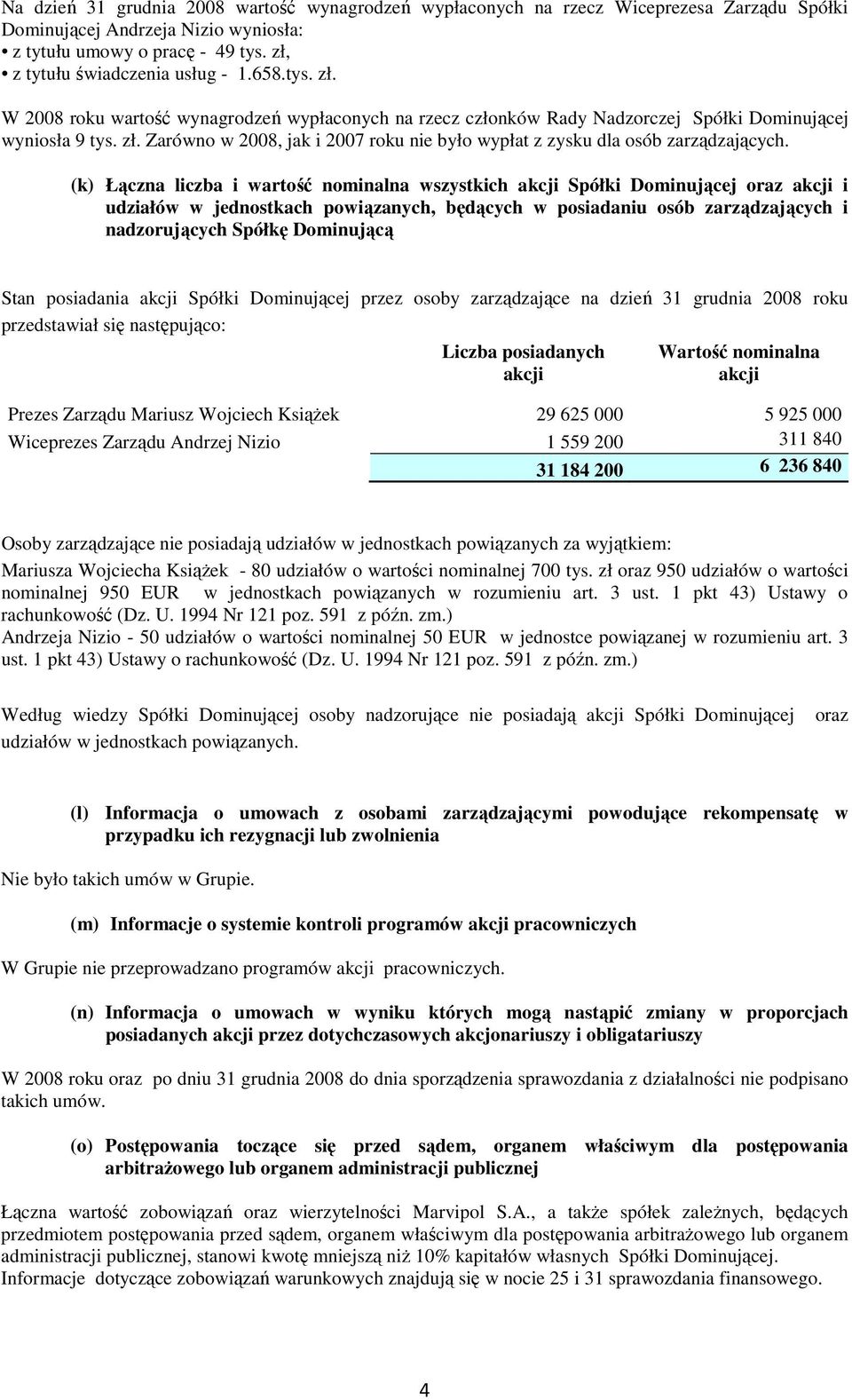 (k) Łączna liczba i wartość nominalna wszystkich akcji Spółki Dominującej oraz akcji i udziałów w jednostkach powiązanych, będących w posiadaniu osób zarządzających i nadzorujących Spółkę Dominującą