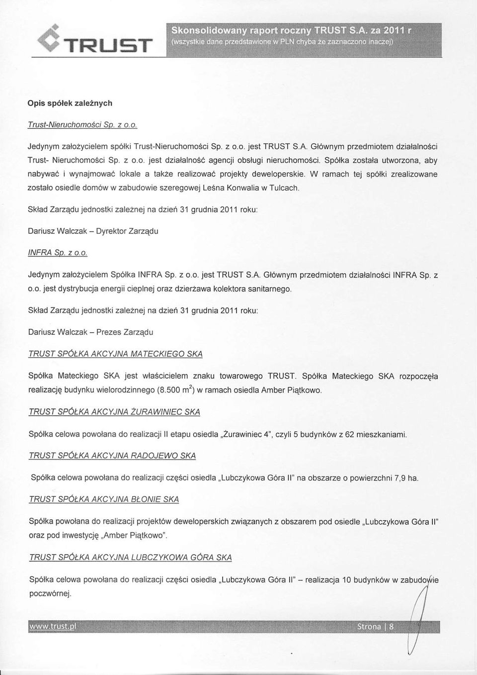 Sklad Zazedu jednostki zaleznej na dziei 31 grudnia 2011 rokui Dariusz Walczak - Dyreklor Zarzqdu INFRA 3D. z o.o. Jedynym zalozycielem Sp6tka INFRA Sp. z o.o. jest TRUST S.A. Gldwnym przedmiotem dziatalno6ci INFRA Sp.