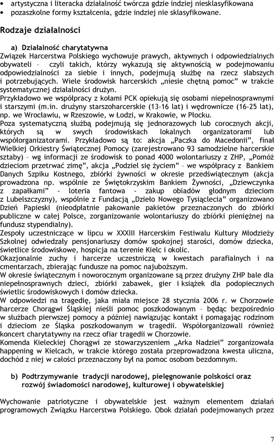 odpowiedzialności za siebie i innych, podejmują służbę na rzecz słabszych i potrzebujących. Wiele środowisk harcerskich niesie chętną pomoc w trakcie systematycznej działalności drużyn.