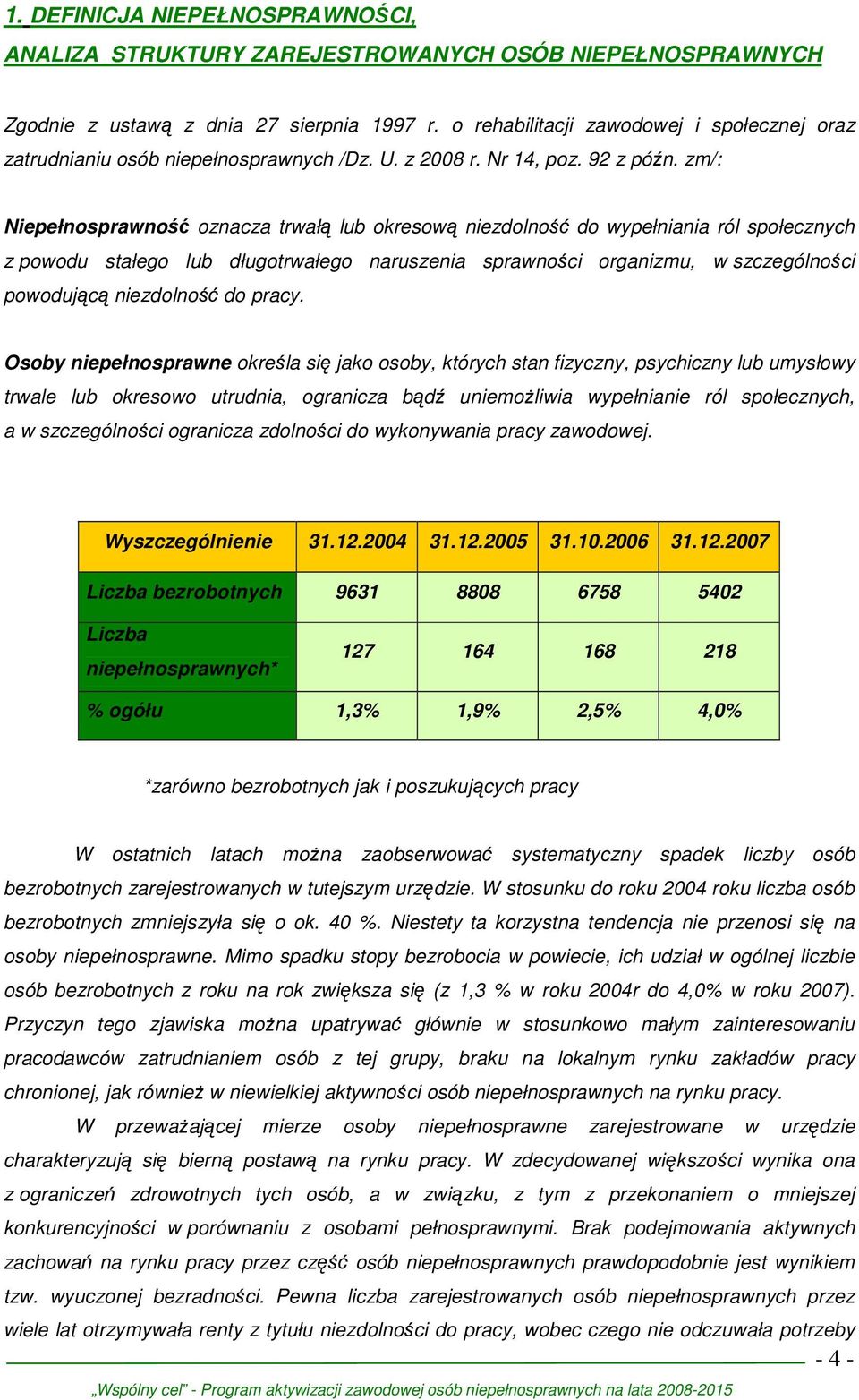 zm/: Niepełnosprawność oznacza trwałą lub okresową niezdolność do wypełniania ról społecznych z powodu stałego lub długotrwałego naruszenia sprawności organizmu, w szczególności powodującą