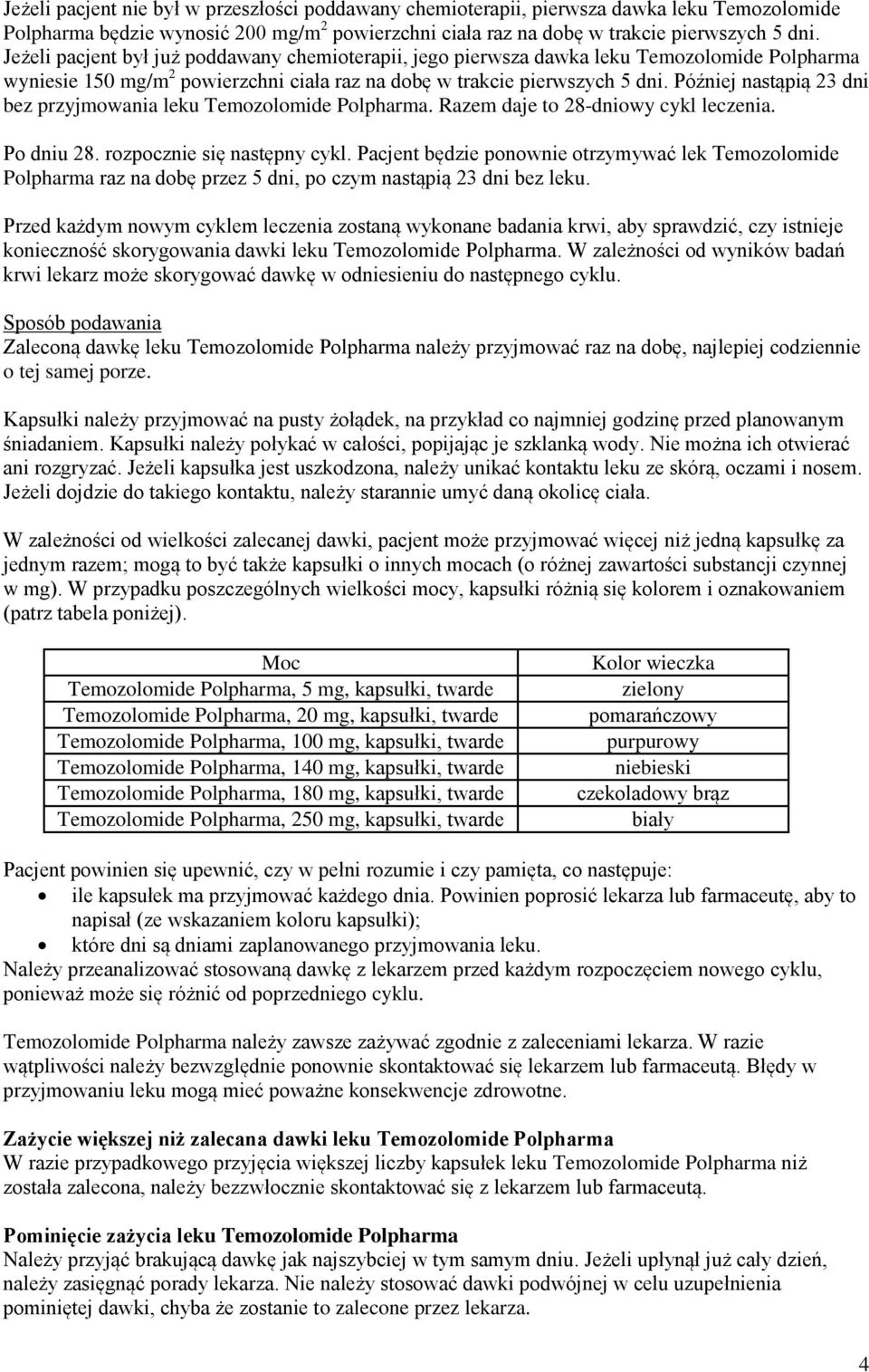 Później nastąpią 23 dni bez przyjmowania leku Temozolomide Polpharma. Razem daje to 28-dniowy cykl leczenia. Po dniu 28. rozpocznie się następny cykl.