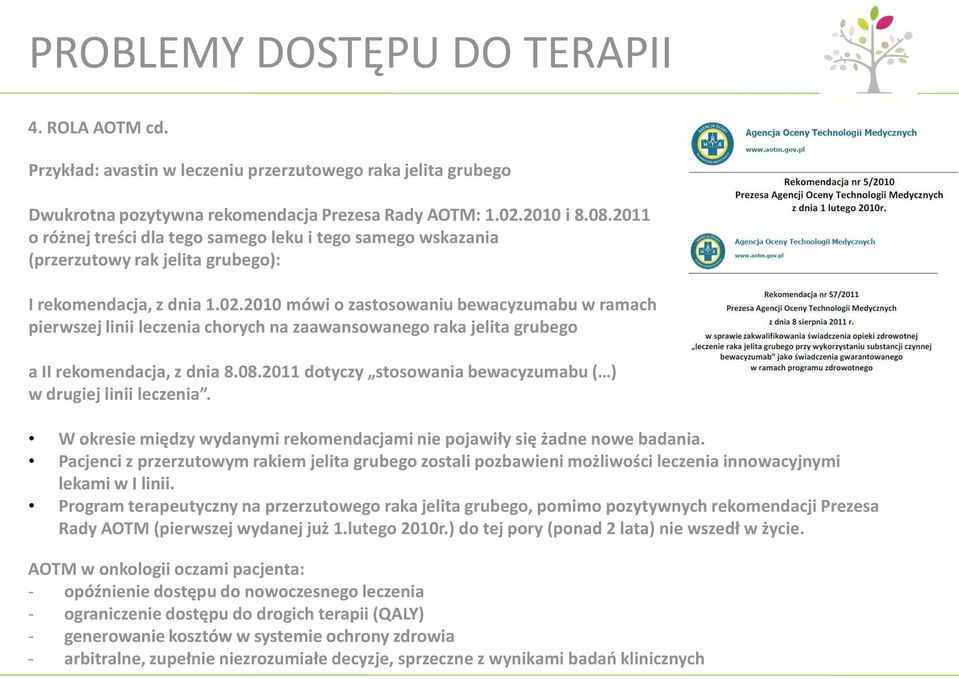 2010 mówi o zastosowaniu bewacyzumabu w ramach pierwszej linii leczenia chorych na zaawansowanego raka jelita grubego a II rekomendacja, z dnia 8.08.