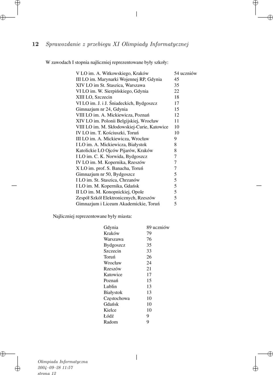 Śniadeckich, Bydgoszcz 17 Gimnazjum nr 24, Gdynia 15 VIII LO im. A. Mickiewicza, Poznań 12 XIV LO im. Polonii Belgijskiej, Wrocław 11 VIII LO im. M. Skłodowskiej-Curie, Katowice 10 IV LO im. T.