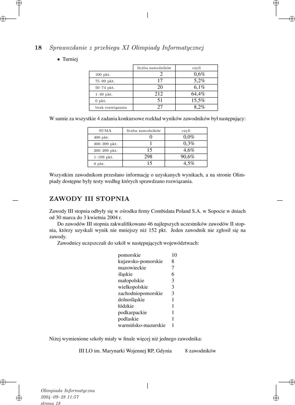 15 4,6% 1 199 pkt. 298 90,6% 0 pkt. 15 4,5% Wszystkim zawodnikom przesłano informację o uzyskanych wynikach, a na stronie Olimpiady dostępne były testy według których sprawdzano rozwiązania.