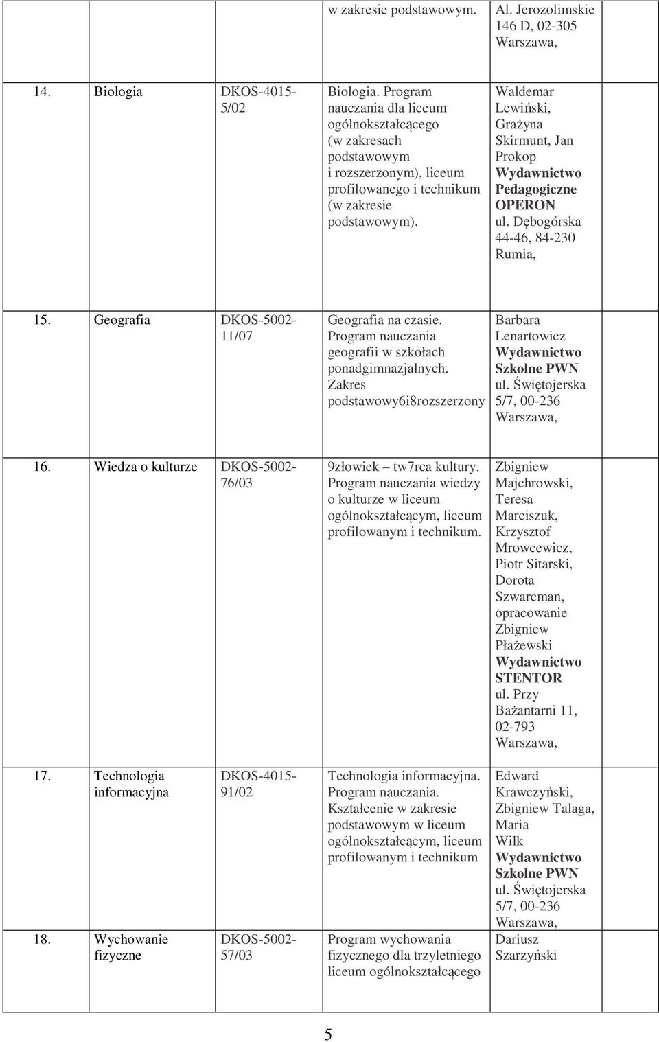 Waldemar Lewiński, Grażyna Skirmunt, Jan Prokop Pedagogiczne OPERON ul. Dębogórska 44-46, 84-230 Rumia, 15. Geografia DKOS-5002-11/07 Geografia na czasie. geografii w szkołach ponadgimnazjalnych.