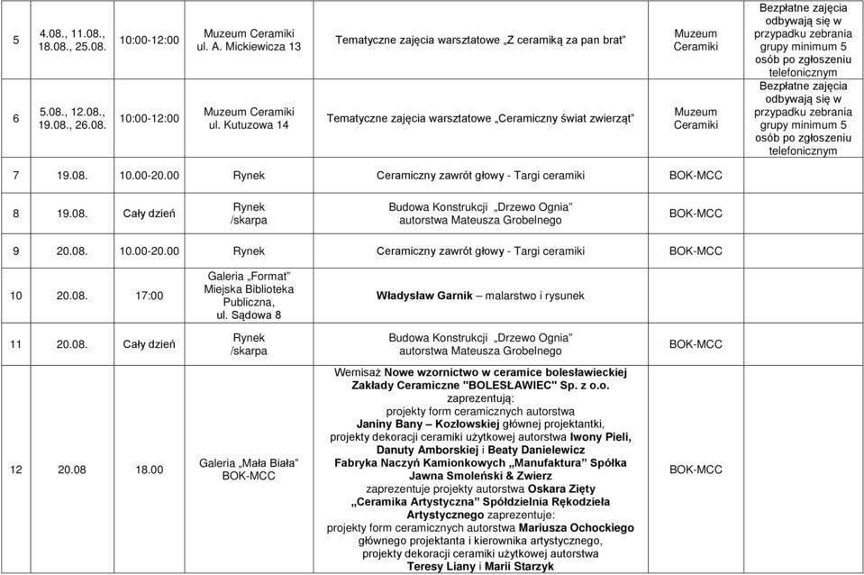 po zgłoszeniu telefonicznym Bezpłatne zajęcia odbywają się w przypadku zebrania grupy minimum 5 osób po zgłoszeniu telefonicznym 7 19.08.