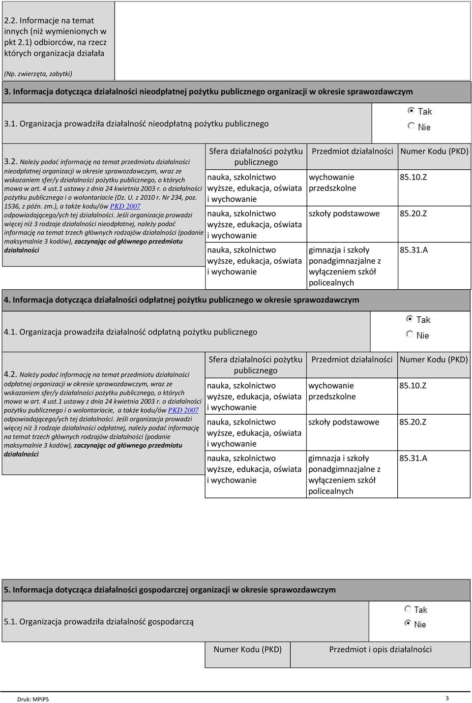 Należy podać informację na temat przedmiotu działalności nieodpłatnej organizacji w okresie sprawozdawczym, wraz ze wskazaniem sfer/y działalności pożytku publicznego, o których mowa w art. 4 ust.