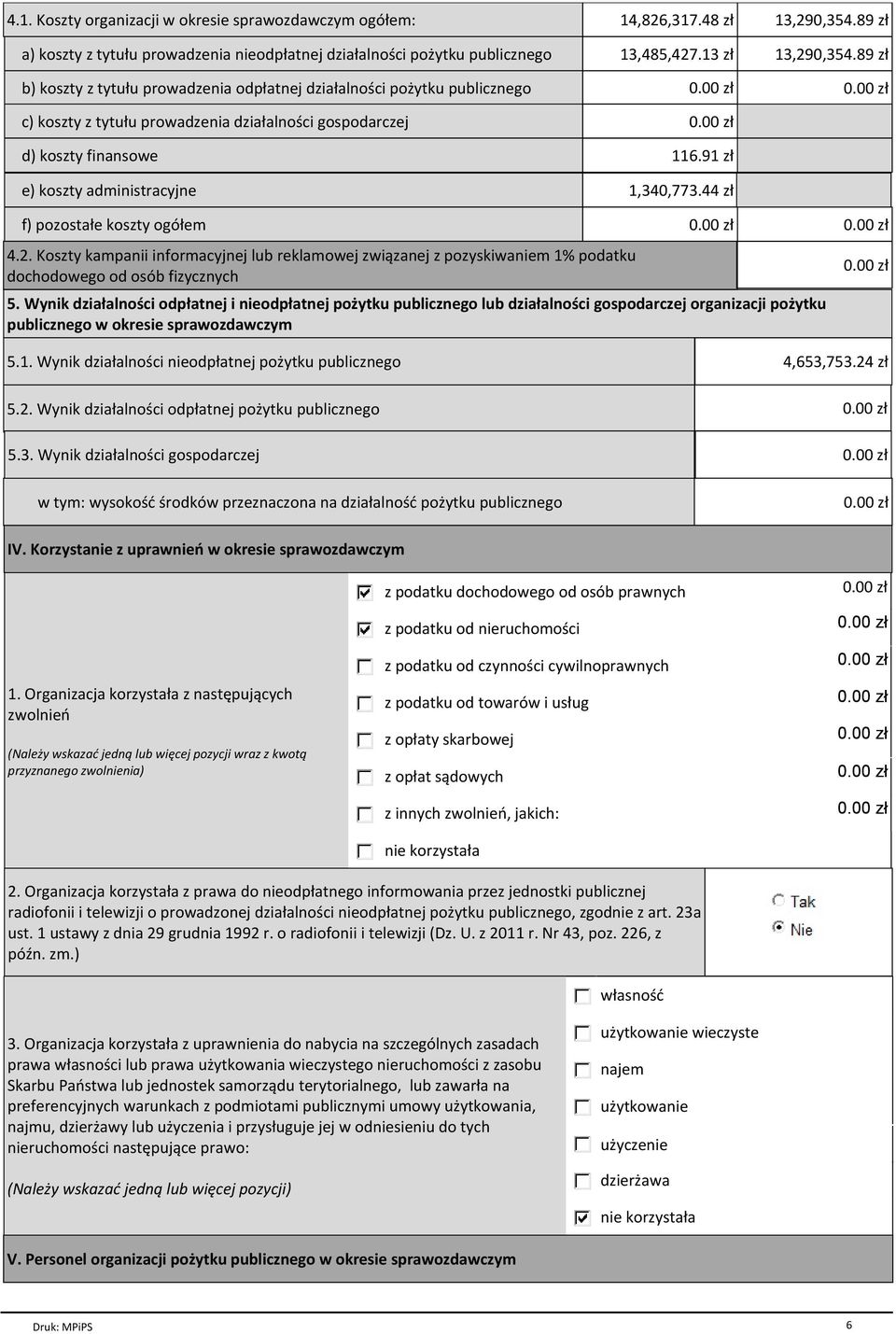 działalności gospodarczej d) koszty finansowe e) koszty administracyjne 13,485,427.13 zł 13,290,354.89 zł 116.91 zł 1,340,773.44 zł f) pozostałe koszty ogółem 4.2. Koszty kampanii informacyjnej lub reklamowej związanej z pozyskiwaniem 1% podatku dochodowego od osób fizycznych 5.