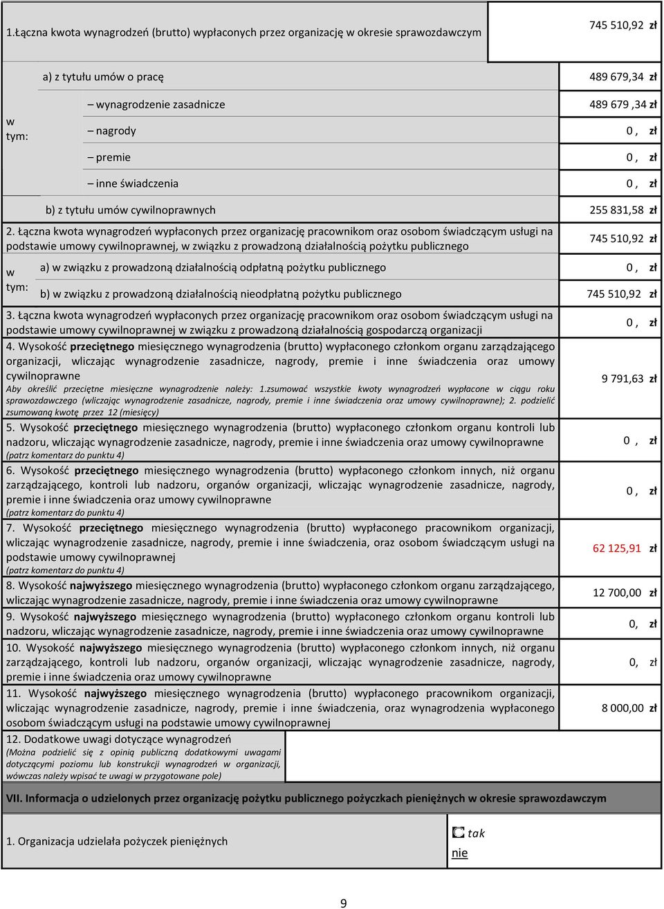 Łączna kota ynagrodzeń ypłaconych przez organizację praconikom oraz osobom śiadczącym usługi na podstaie umoy cyilnopranej, ziązku z proadzoną działalnością pożytku publicznego 75 510,9 zł a) ziązku