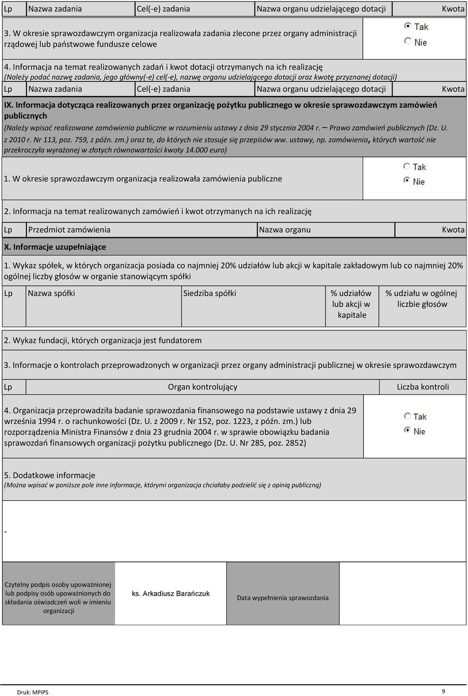 Informacja na temat realizowanych zadań i kwot dotacji otrzymanych na ich realizację (Należy podać nazwę zadania, jego główny(-e) cel(-e), nazwę organu udzielającego dotacji oraz kwotę przyznanej