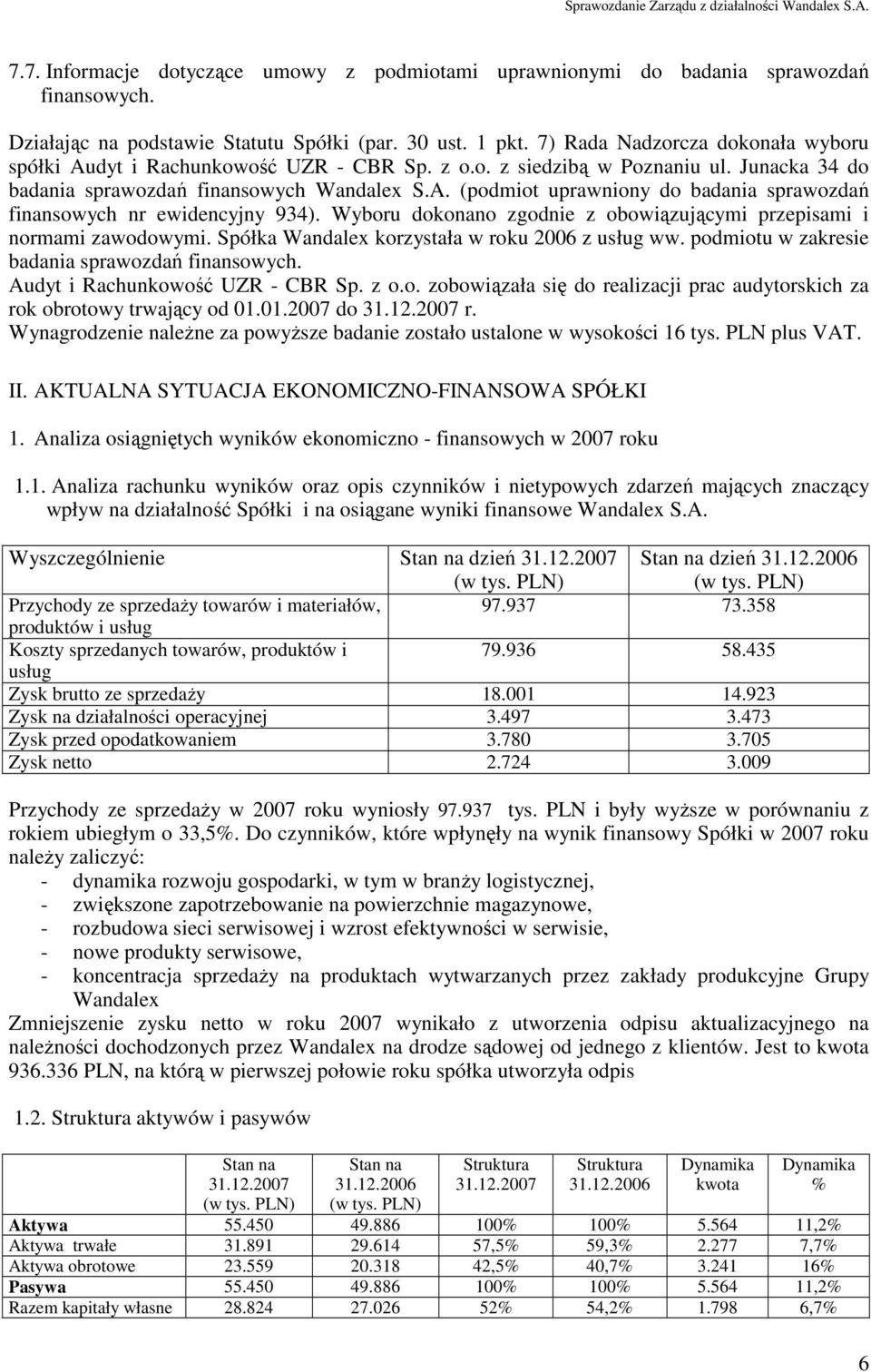 Wyboru dokonano zgodnie z obowiązującymi przepisami i normami zawodowymi. Spółka Wandalex korzystała w roku 2006 z usług ww. podmiotu w zakresie badania sprawozdań finansowych.