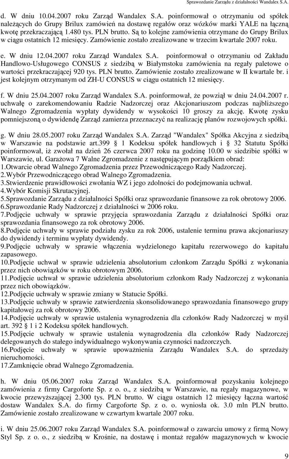 2007 roku Zarząd Wandalex S.A. poinformował o otrzymaniu od Zakładu Handlowo-Usługowego CONSUS z siedzibą w Białymstoku zamówienia na regały paletowe o wartości przekraczającej 920 tys. PLN brutto.