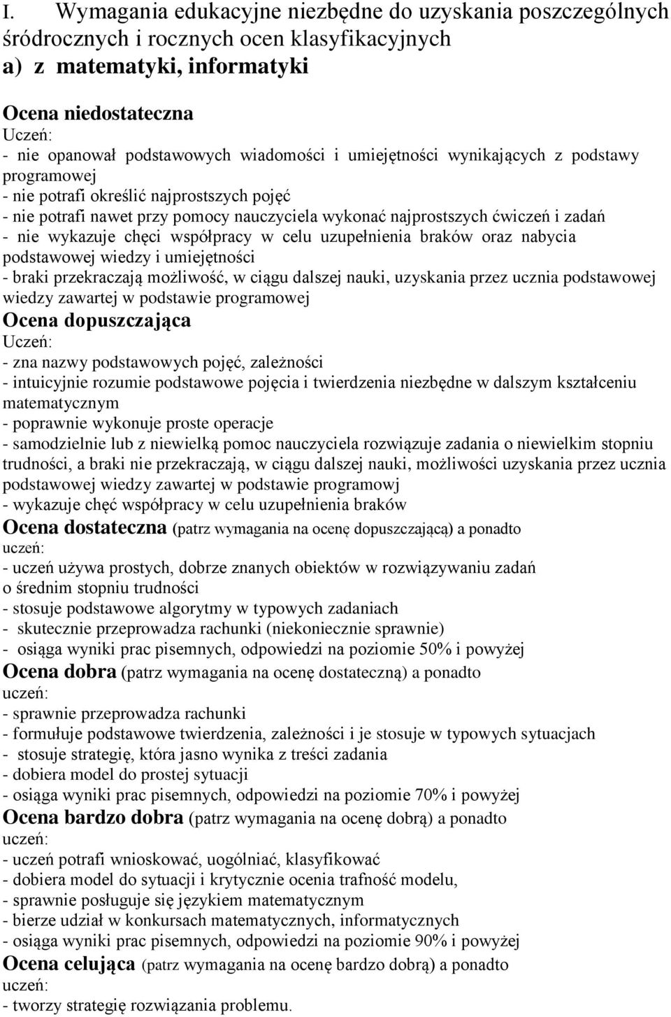 wykazuje chęci współpracy w celu uzupełnienia braków oraz nabycia podstawowej wiedzy i umiejętności - braki przekraczają możliwość, w ciągu dalszej nauki, uzyskania przez ucznia podstawowej wiedzy