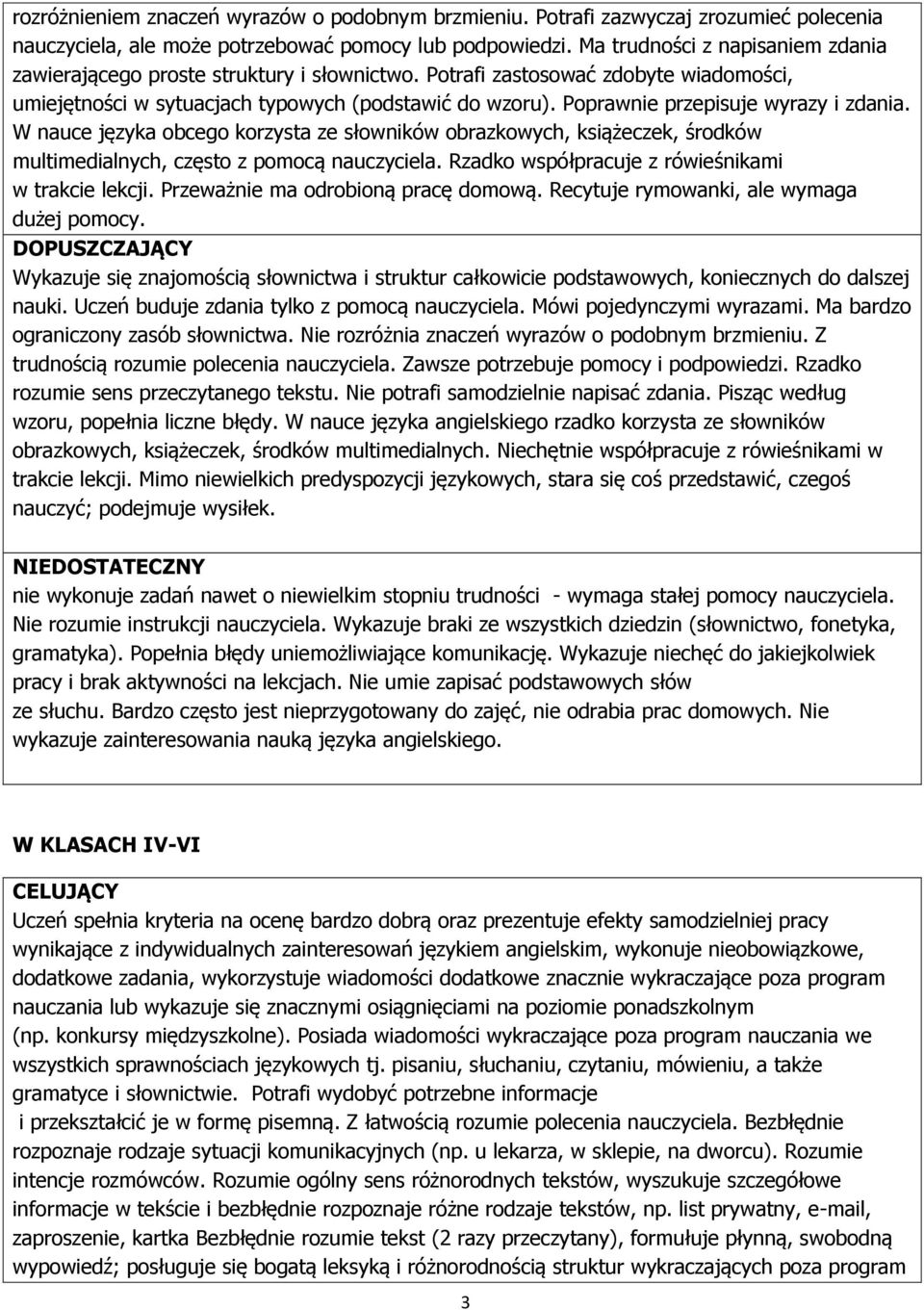 Poprawnie przepisuje wyrazy i zdania. W nauce języka obcego korzysta ze słowników obrazkowych, książeczek, środków multimedialnych, często z pomocą nauczyciela.