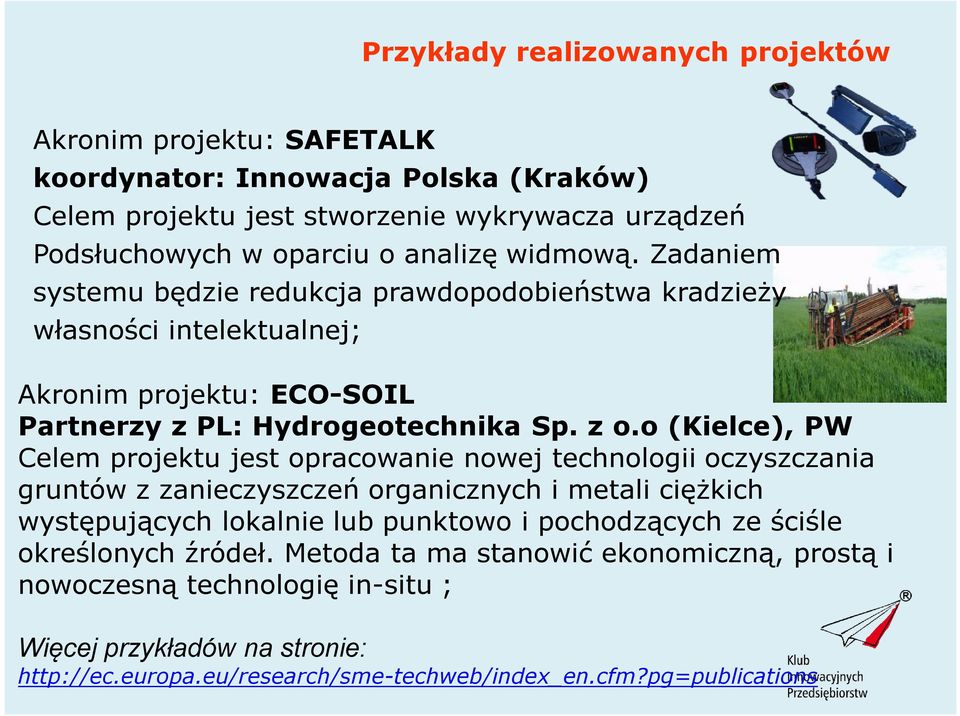 o (Kielce), PW Celem projektu jest opracowanie nowej technologii oczyszczania gruntów z zanieczyszczeń organicznych i metali ciężkich występujących lokalnie lub punktowo i pochodzących