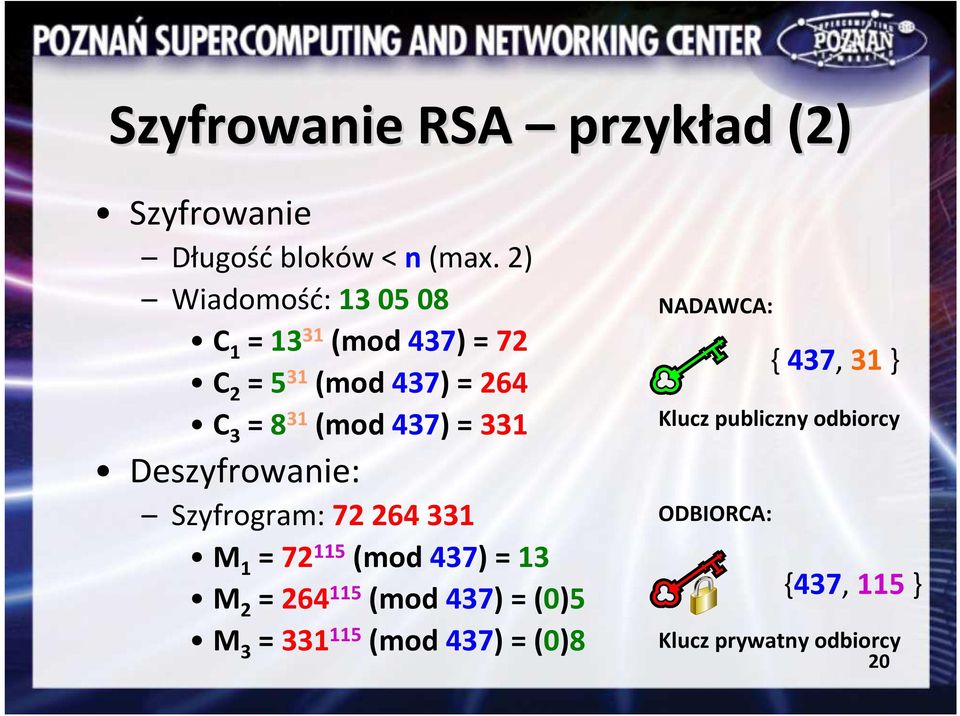 331 Deszyfrowanie: Szyfrogram: 72 264 331 M 1 = 72 115 (mod 437) = 13 M 2 = 264 115 (mod 437) =