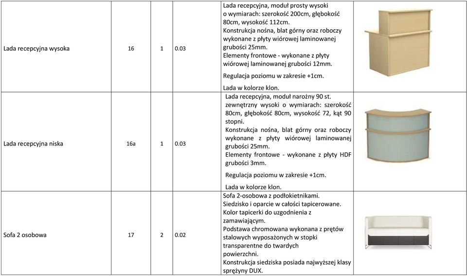 Regulacja poziomu w zakresie +1cm. Lada w kolorze klon. Lada recepcyjna, moduł narożny 90 st. zewnętrzny wysoki o wymiarach: szerokość 80cm, głębokość 80cm, wysokość 72, kąt 90 stopni.