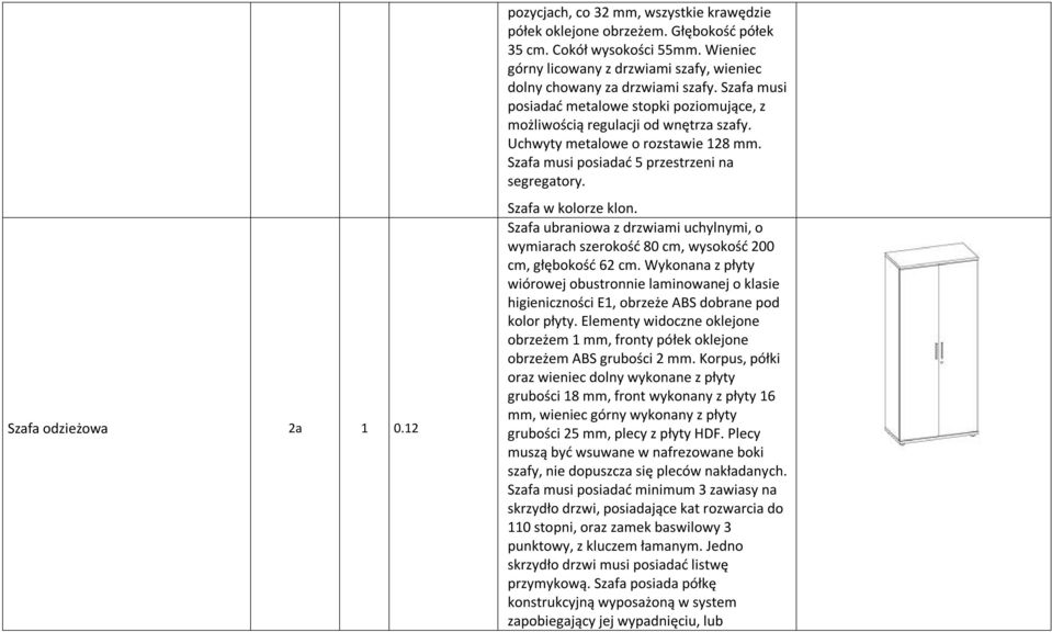 Uchwyty metalowe o rozstawie 128 mm. Szafa musi posiadać 5 przestrzeni na segregatory. Szafa w kolorze klon.