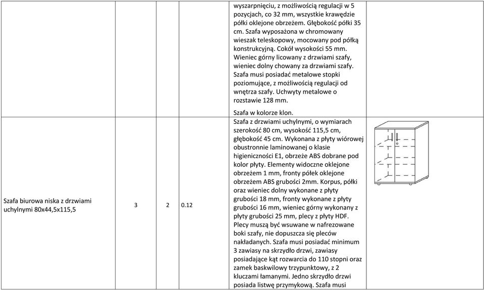 Szafa musi posiadać metalowe stopki poziomujące, z możliwością regulacji od wnętrza szafy. Uchwyty metalowe o rozstawie 128 mm. Szafa w kolorze klon.