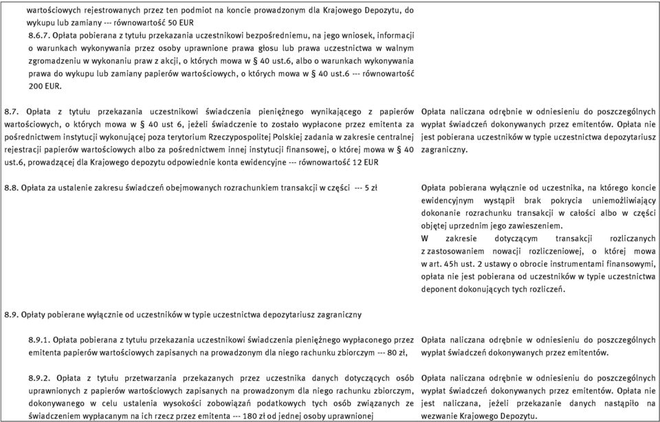 w wykonaniu praw z akcji, o których mowa w 40 ust.6, albo o warunkach wykonywania prawa do wykupu lub zamiany papierów wartościowych, o których mowa w 40 ust.6 --- równowartość 200 EUR. 8.7.